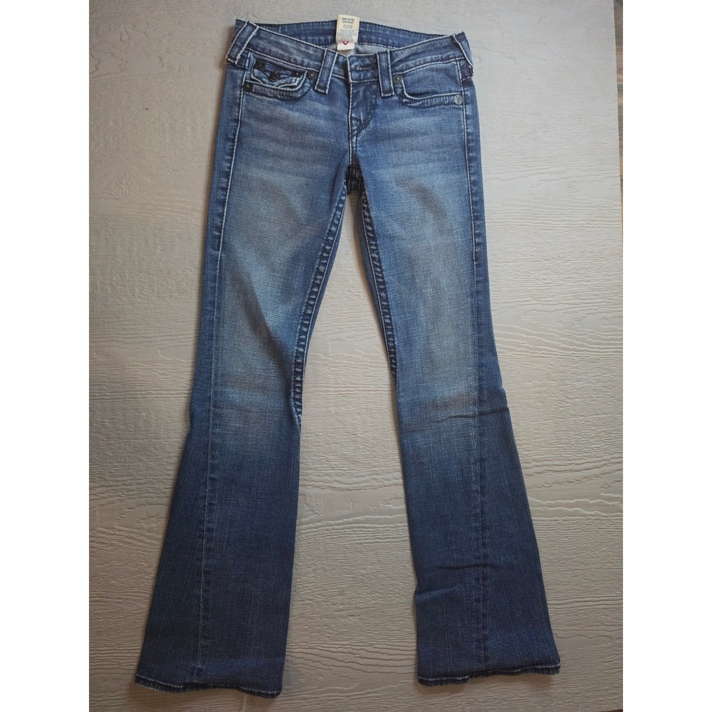 True Religion Joey Flare Jeans Medium Wash Low Rise Twisted Inseam Size 26
